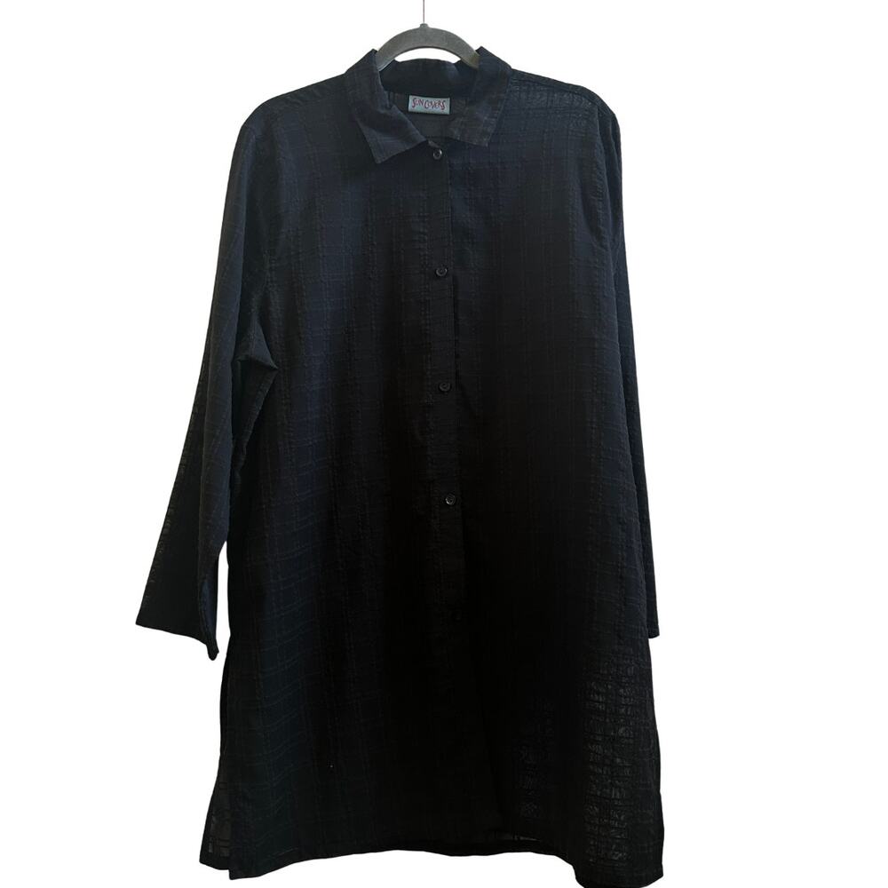 Sun Covers Black Sheer Plaid Button Front Swim Cover Up Size L